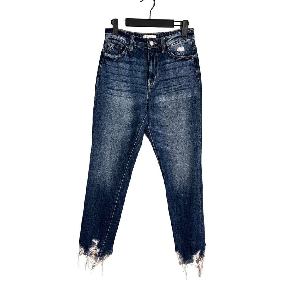KanCan Mom Fit High Rise Straight Leg Jeans Sz 24 Medium Wash Raw Hem Crop Ankle